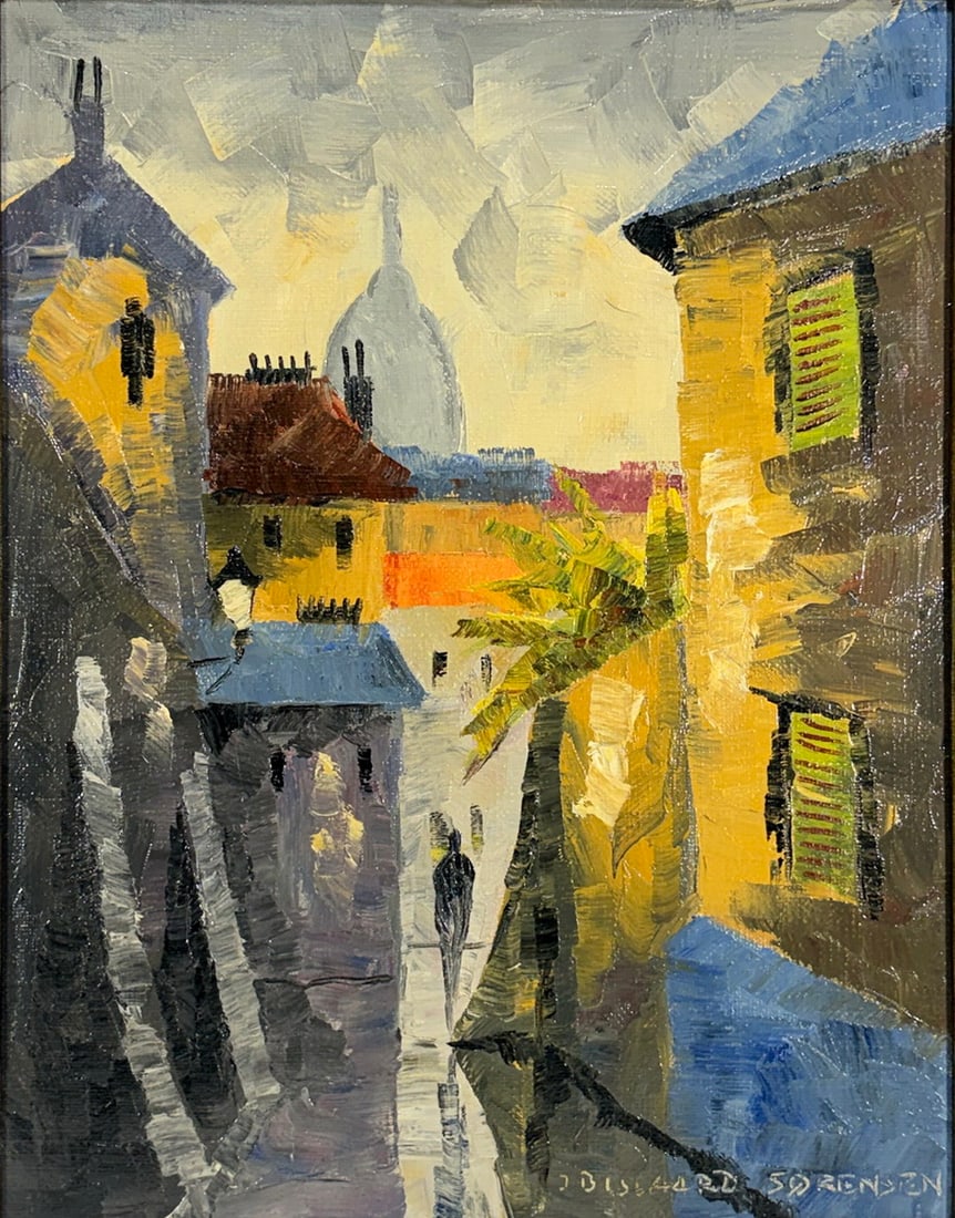 Jens Bisgaard Sorensen Street Scene Oil Painting: Oil painting on canvas board or Masonite depicting a European street scene with figures, buildings, and church dome in the background. Executed in an expressive modernist manner with bold palette knif