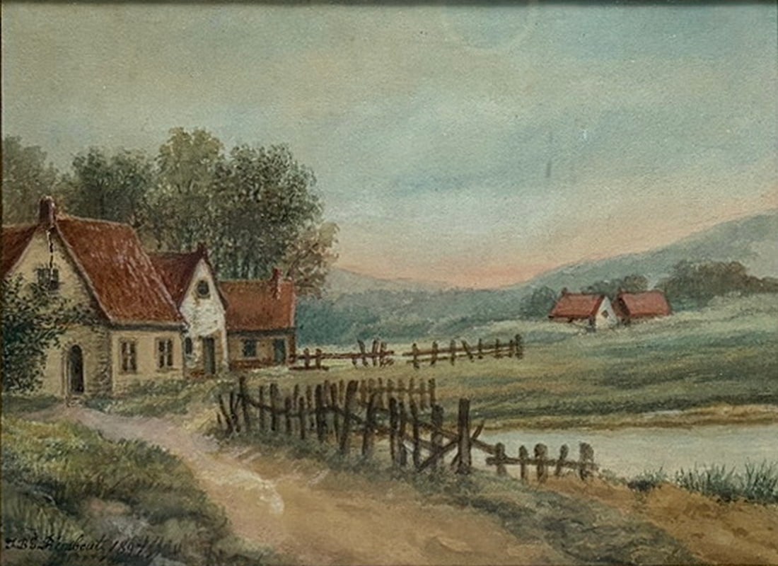 Signed J. B. S. Rimboutz 1897 Watercolor Painting: Framed watercolor painting depicting a tranquil rural landscape with a farmhouse, red-roofed buildings, a wooden bridge crossing a stream, and rolling hills beneath a soft blue sky. Signed lower left 