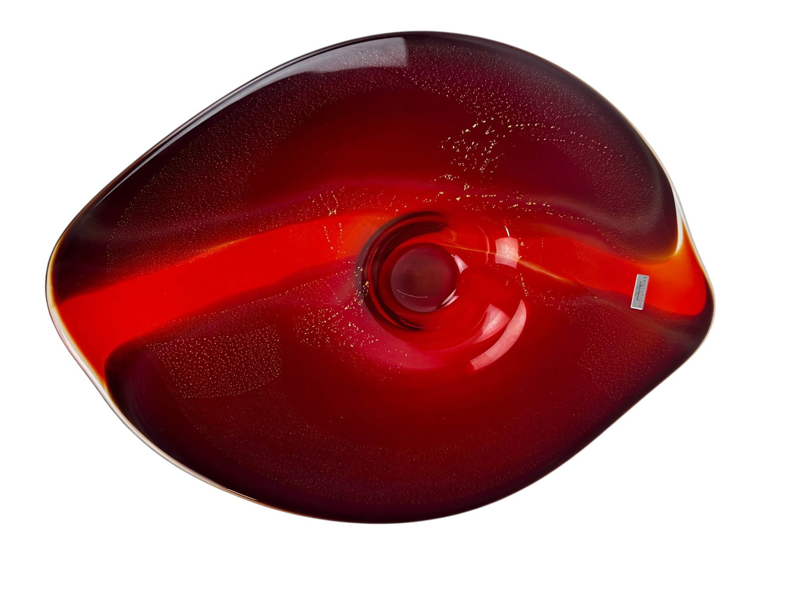 Waterford Evolution Art Glass Centerpiece Bowl: Waterford Evolution art glass centerpiece bowl in an elongated oval form with a recessed circular well. Constructed of cased art glass in ruby red shading to amber with suspended gold aventurine inclu