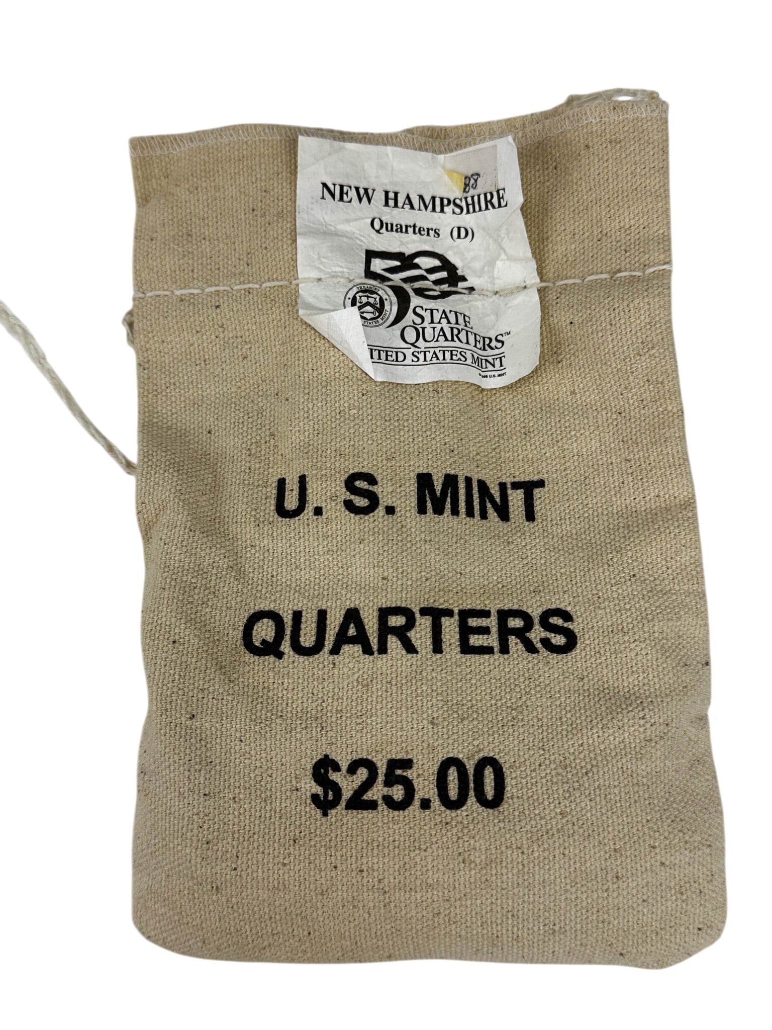 New Hampshire State Quarter $25.00 Mint Bag SEALED: $25 U.S. Mint sewn bag containing New Hampshire State Quarters. The coins were minted in Denver and come in their original packaging. Each quarter has a denomination of 25 cents and is pre-owned. Bag 