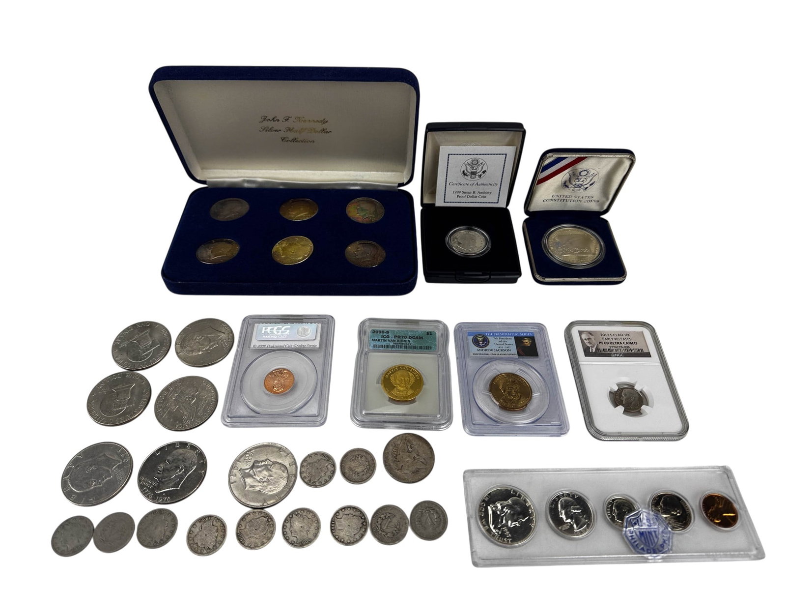 United States Coin Collection Mixed Proof Silver: Collection of United States coins including a 1999 Susan B. Anthony proof dollar with presentation case and certificate, United States Constitution commemorative silver dollar, Kennedy half dollar pro