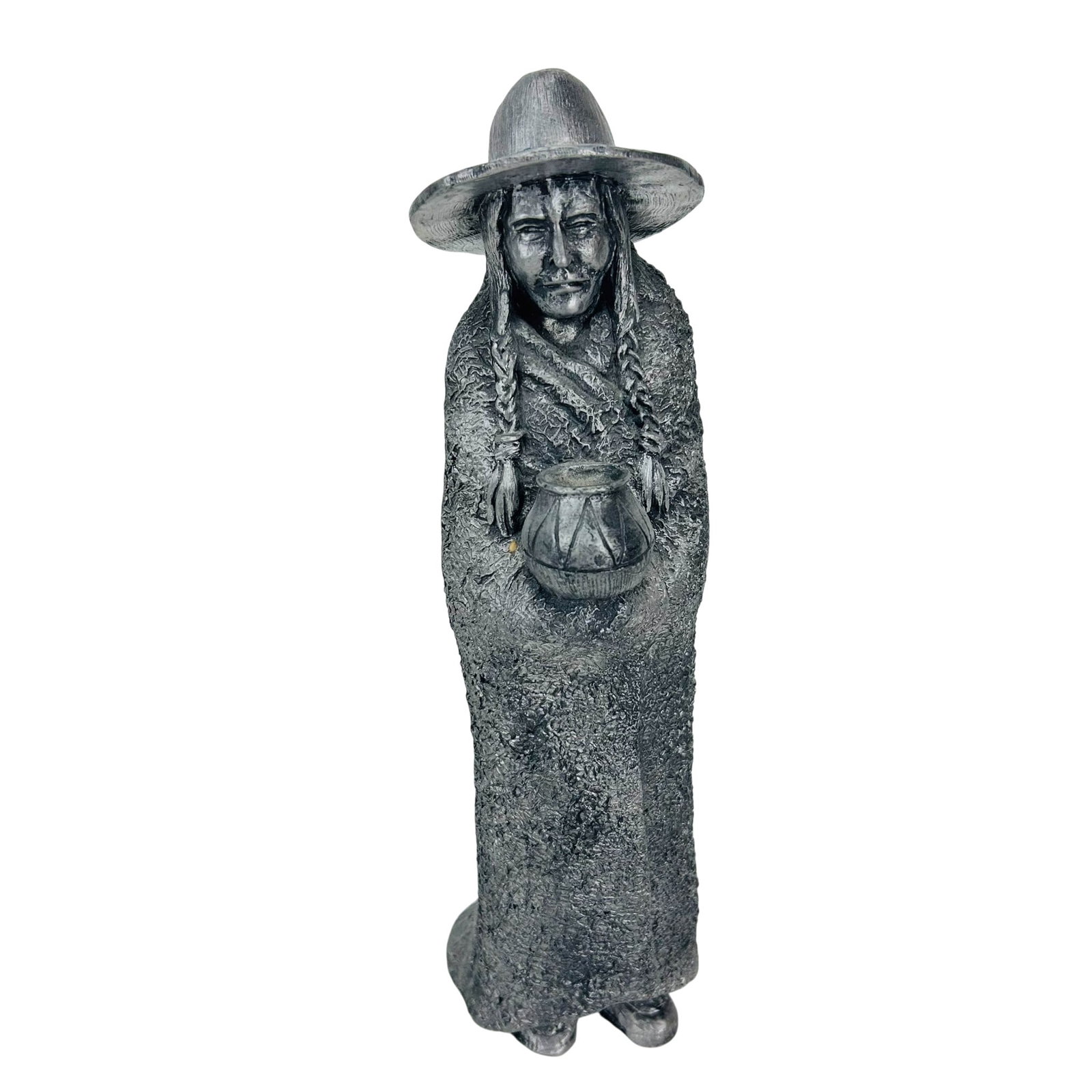 Michael Ricker Native American Indian Sculpture: Michael Ricker (American, 1940-2006) hand crafted pewter sculpture with a strong influenced Western theme subject matter. Depicts a Native American Indian woman standing with braided hair beneath a wi