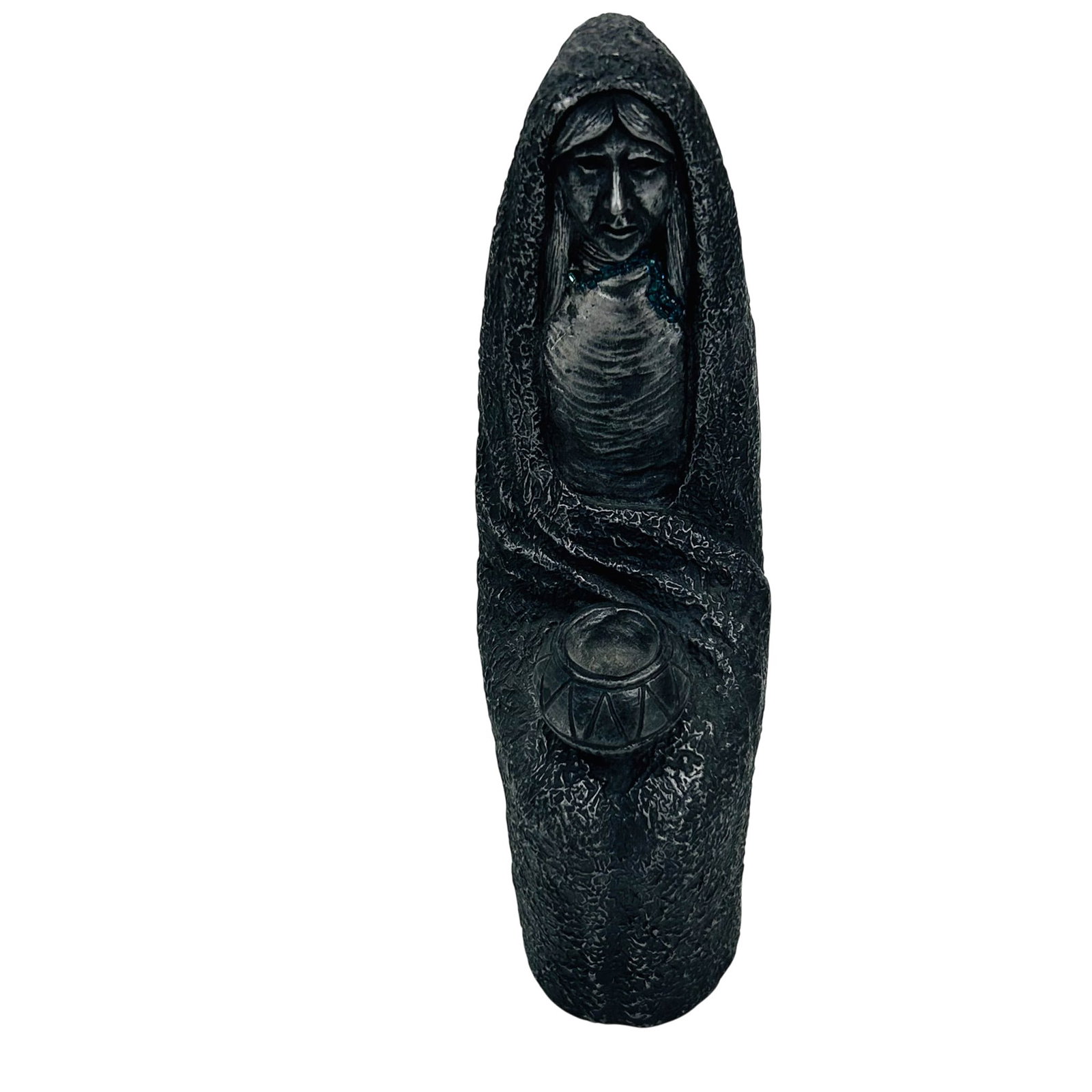 Michael Ricker American Indian Lady Pot Sculpture: Michael Ricker (American, 1940-2006) hand crafted pewter sculpture. Depicts a seated Southwest woman wrapped within a blanket while holding a pottery vessel across her lap. Textured surface features c