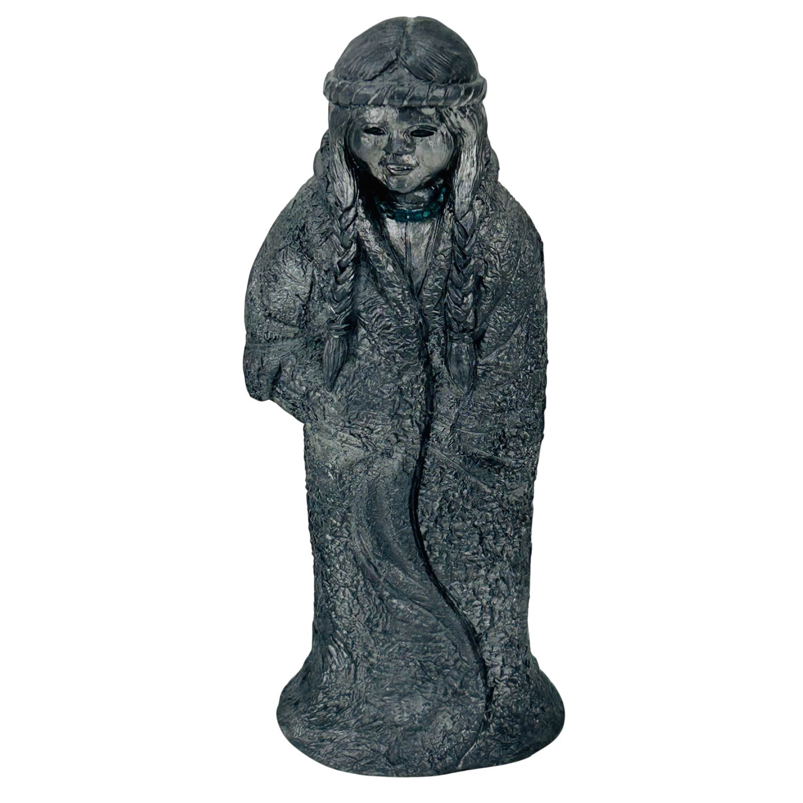 Michael Ricker Native American Indian Sculpture: Michael Ricker (American, 1940-2006) hand crafted pewter sculpture. Depicting a Native American girl wearing braided hair, headband, blanket, and turquoise-colored necklace. Base bears the impressed (