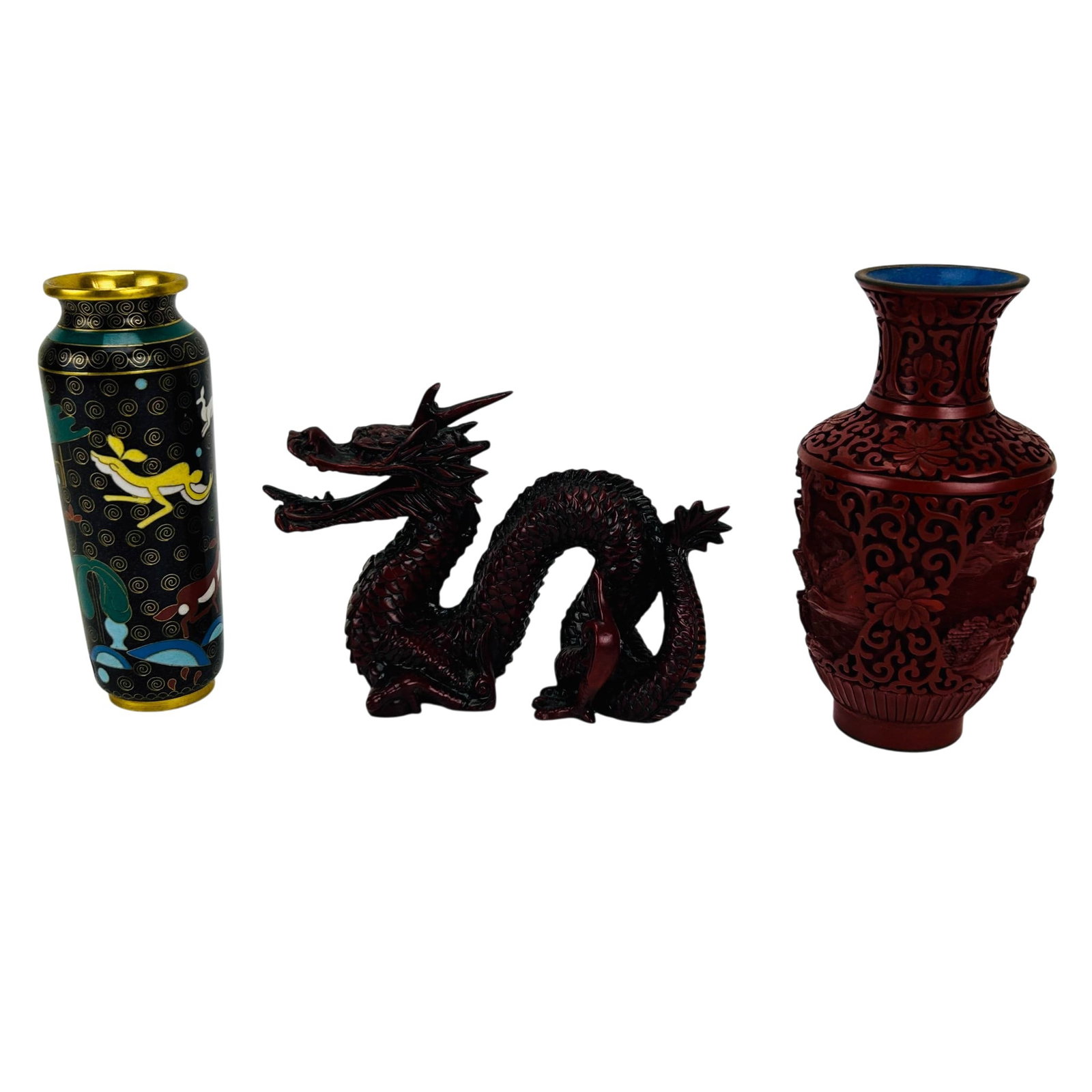 Chinese Cloisonne & Cinnabar Vase Dragon Sculpture (1 of 3)