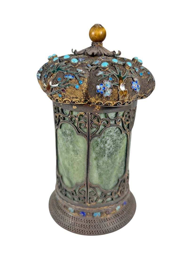 Chinese Silver Filigree Aventurine Covered Box (1 of 8)