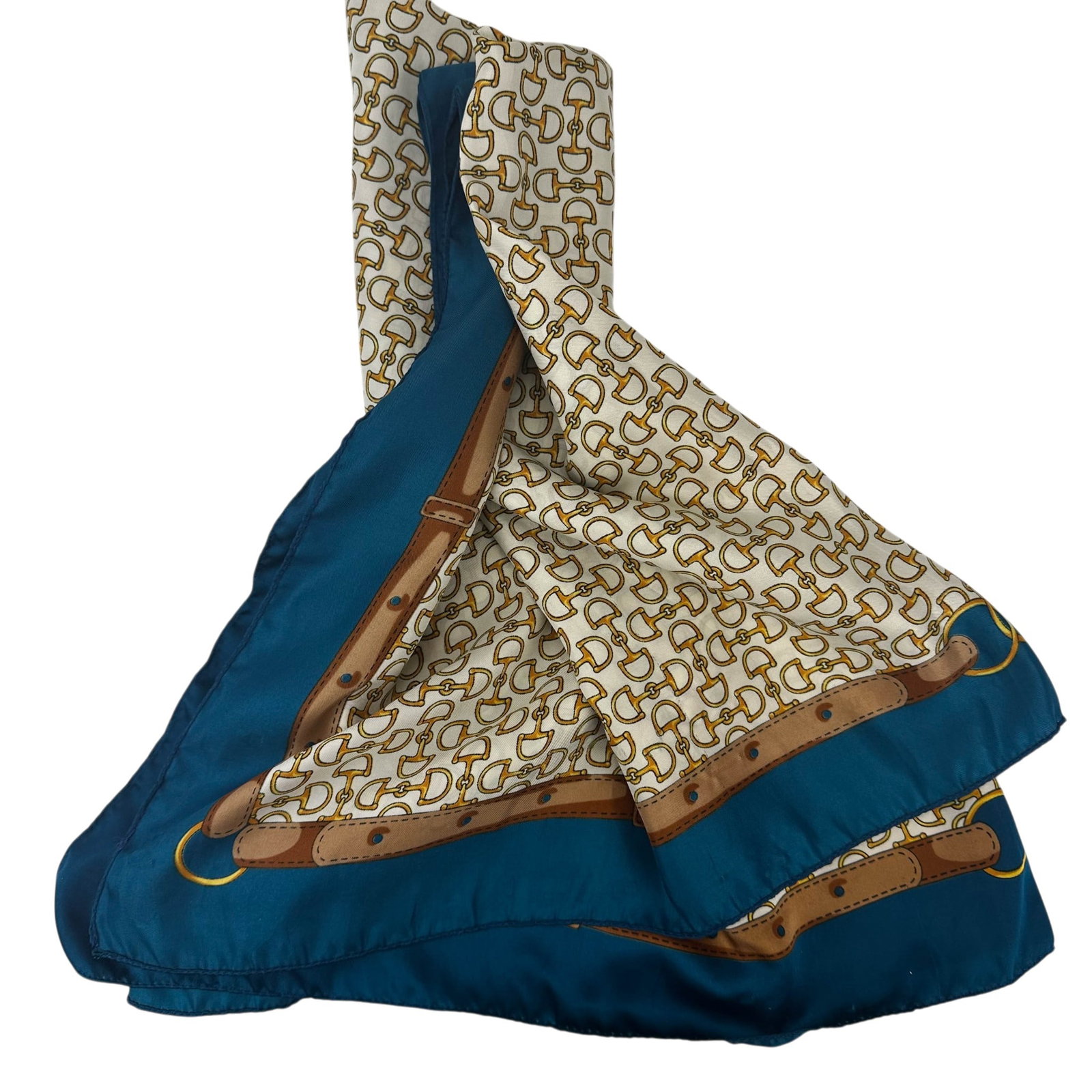Gucci Style Horsebit Belt Equestrian Silk Scarf: Designer style equestrian silk scarf featuring an all over repeating horsebit pattern framed by a tan leather belt graphic border with mock gold rivets and solid blue edging. Motif closely draws inspi