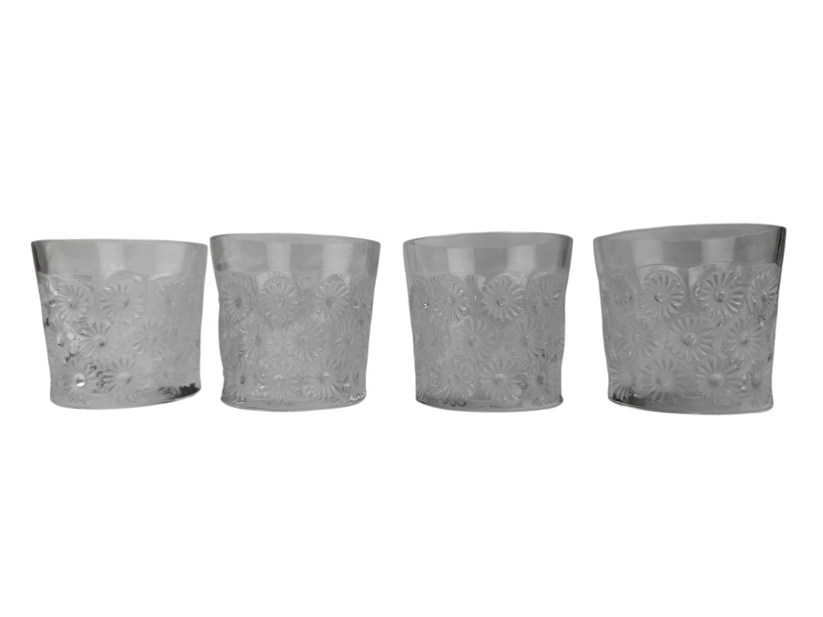 Lalique Crystal Napsbury Old Fashioned Glasses LOT: Set of four Lalique French crystal art glass bar barware tumblers. Modeled in the Napsbury pattern, circa 1976. Designed by Marie Claude Lalique (French, 1935-2003). Each features a dense field of rec