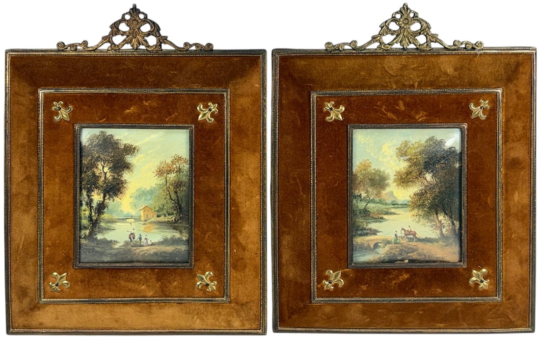 Pair Framed Velvet Miniature Landscape Paintings (1 of 8)