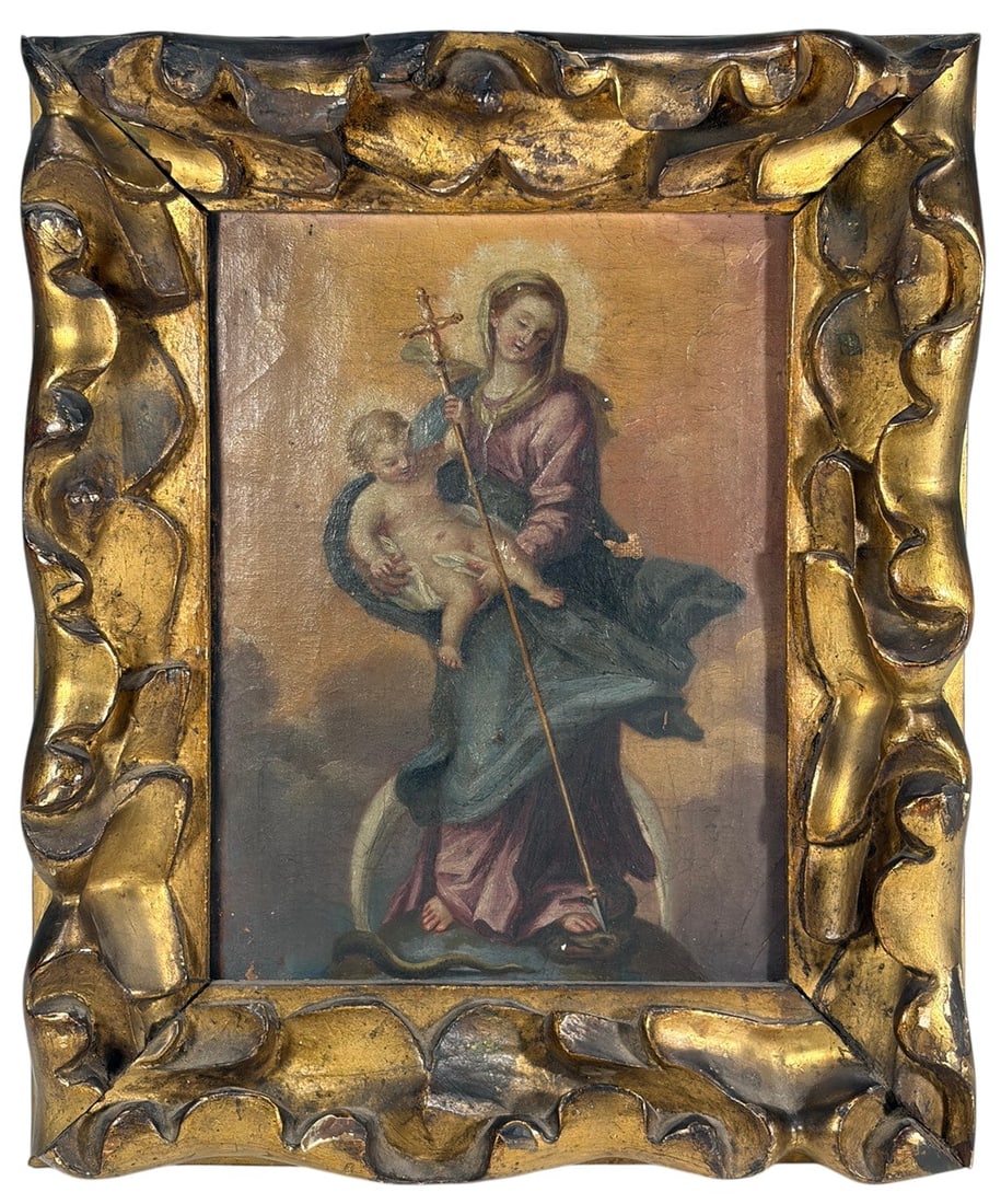 19th C Framed Madonna Child Oil Painting on Board (1 of 5)