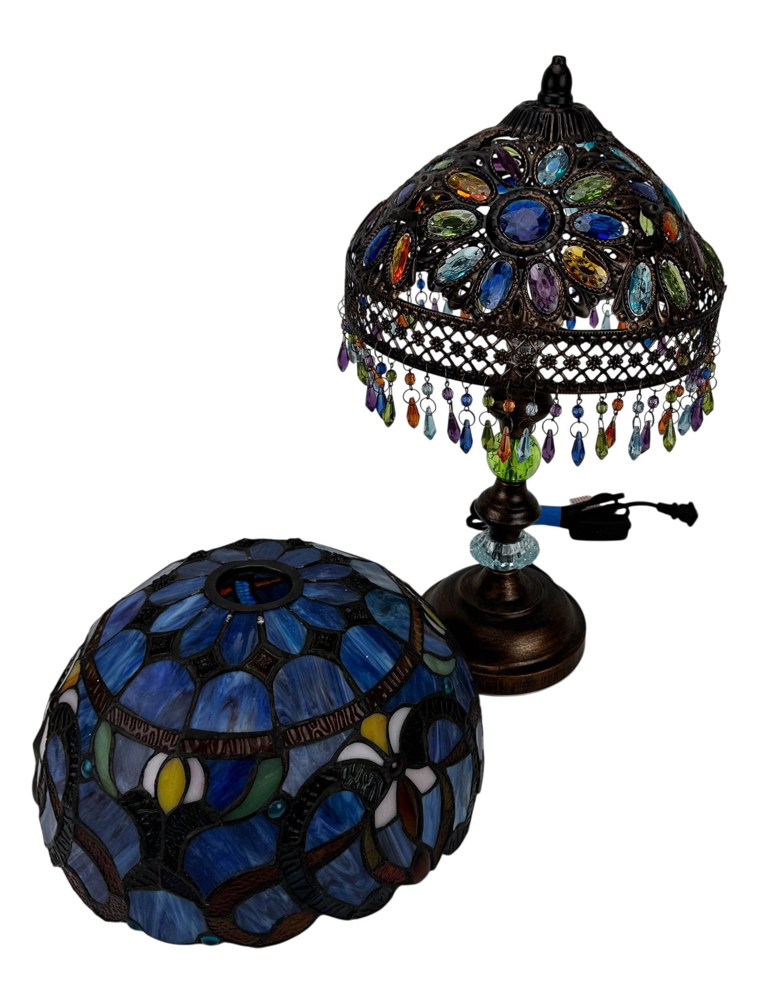 Leaded Glass Domed Shade w Openwork Lamp 2pc LOT: Includes one dome form shade that features a stained glass construction with blue panels, floral motifs, and geometric ornament in the Tiffany style. The second shade is formed from openwork metal fit