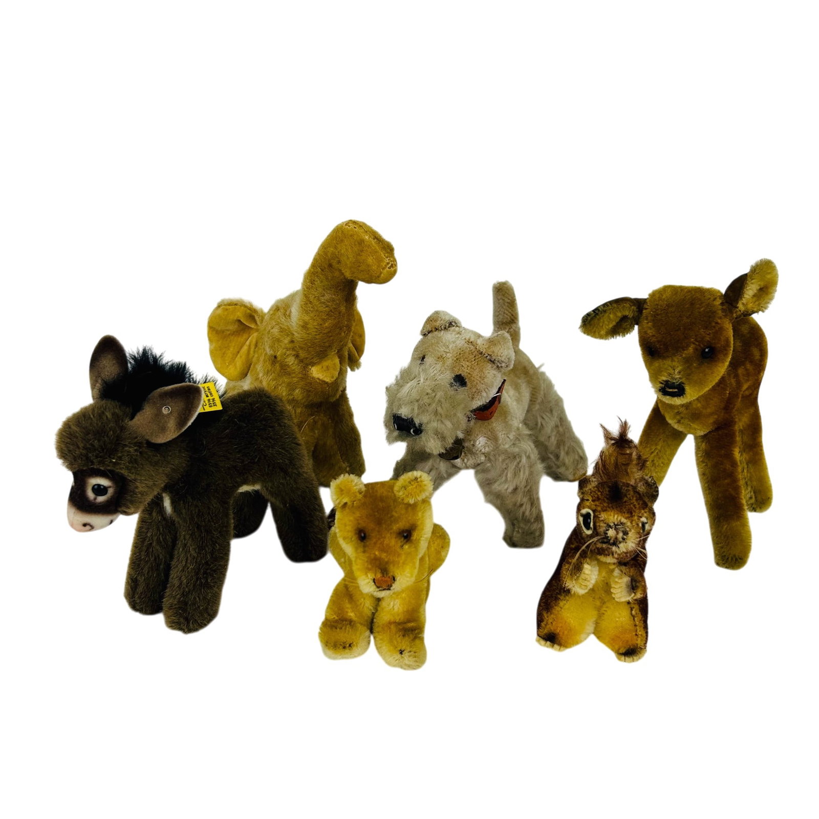 Steiff Fawn Donkey Lion Cub Stuffed Animal Toy LOT: Group of six vintage plush stuffed toy animal figures including elephant, donkey, squirrel, fawn, terrier and lion cub. Construction includes mohair covering, glass or plastic eyes, stitched facial fe