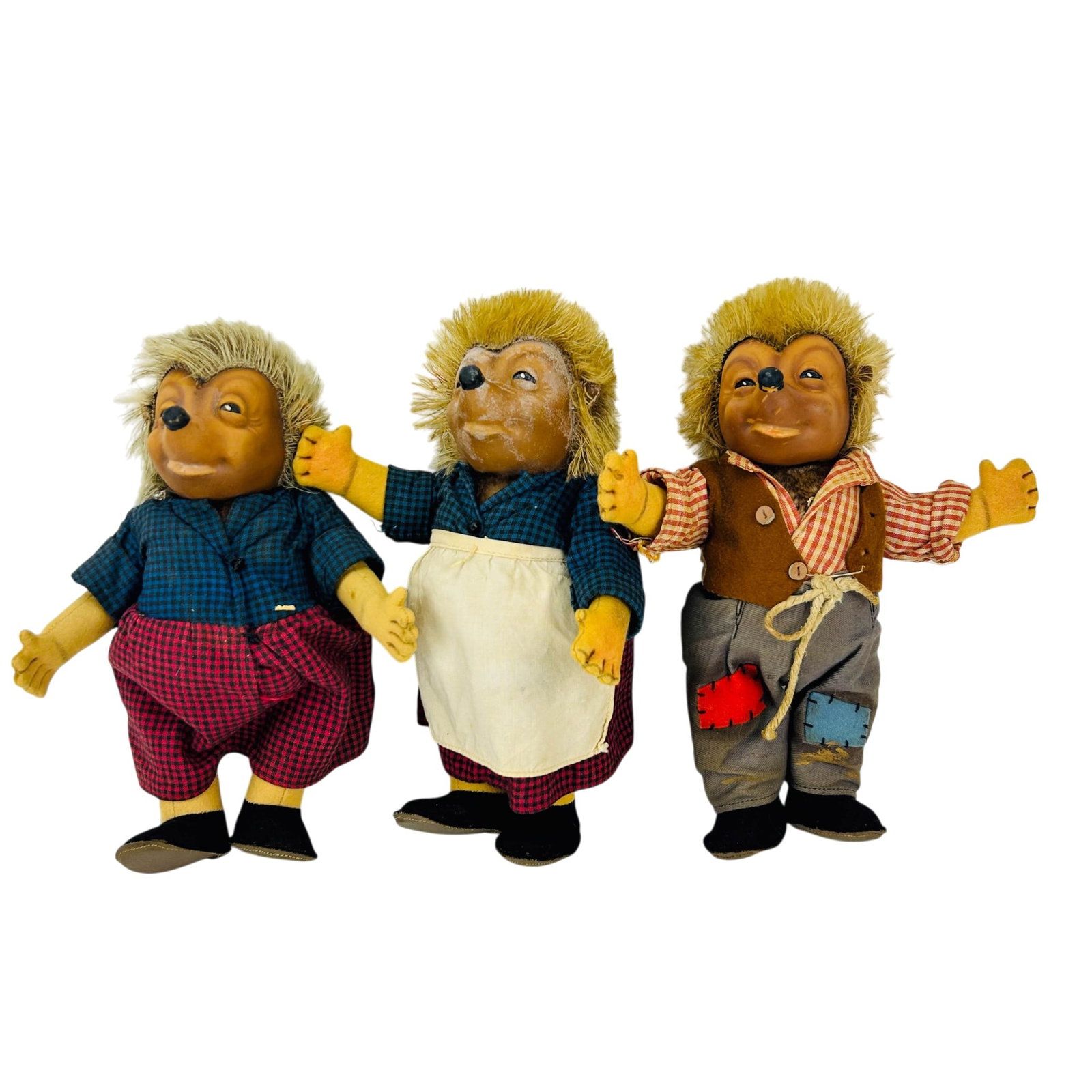 Steiff Rubber Face & Mohair Hedgehog Figures LOT: Group of three vintage Steiff Mecki hedgehog character figures depicting a family including father, mother, and child. Each features a molded rubber face with painted facial details, mohair plush head