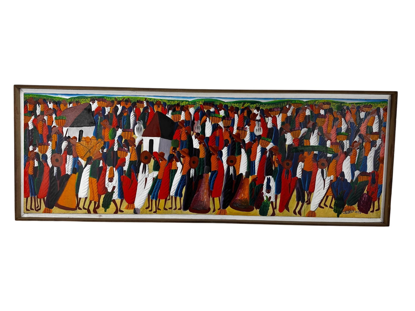 Laurent Casimir 1929-1990 Folk Art Oil Painting: Laurent Casimir (Haitian, 1928-1990) oil painting on board. Elongated panoramic composition depicts a crowded marketplace with numerous figures carrying baskets, produce, village buildings, and daily