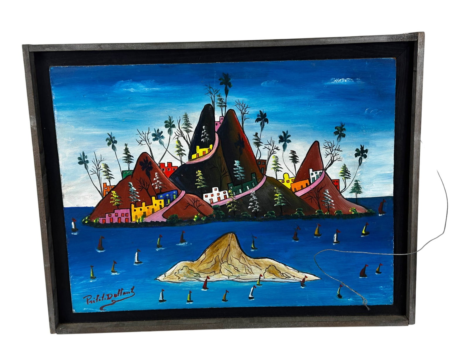 Prefete Duffaut 1923-2012 Coastal Oil Painting: Prefete Duffaut (Haitian, 1923-2012) oil painting on board. Depictins a harbor, island, village, mountains, shoreline, sailboats, roadway, trees, and water. Signed lower left. Art presented in a dark 