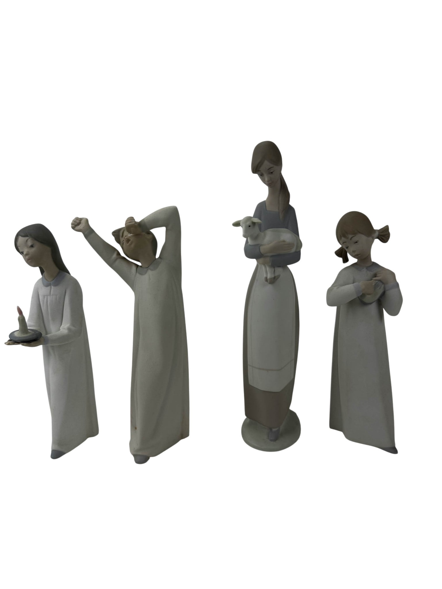Lladro Girl with Guitar, Candle, Lamb Figurine LOT: Estate collection lot of a total of four Lladro Spain hand painted porcelain figurines. Includes Girl with Lamb #4504 (1969-1991). Girl with Candle #4868. (1974-1991). Girl with Guitar #4871 (1974-199