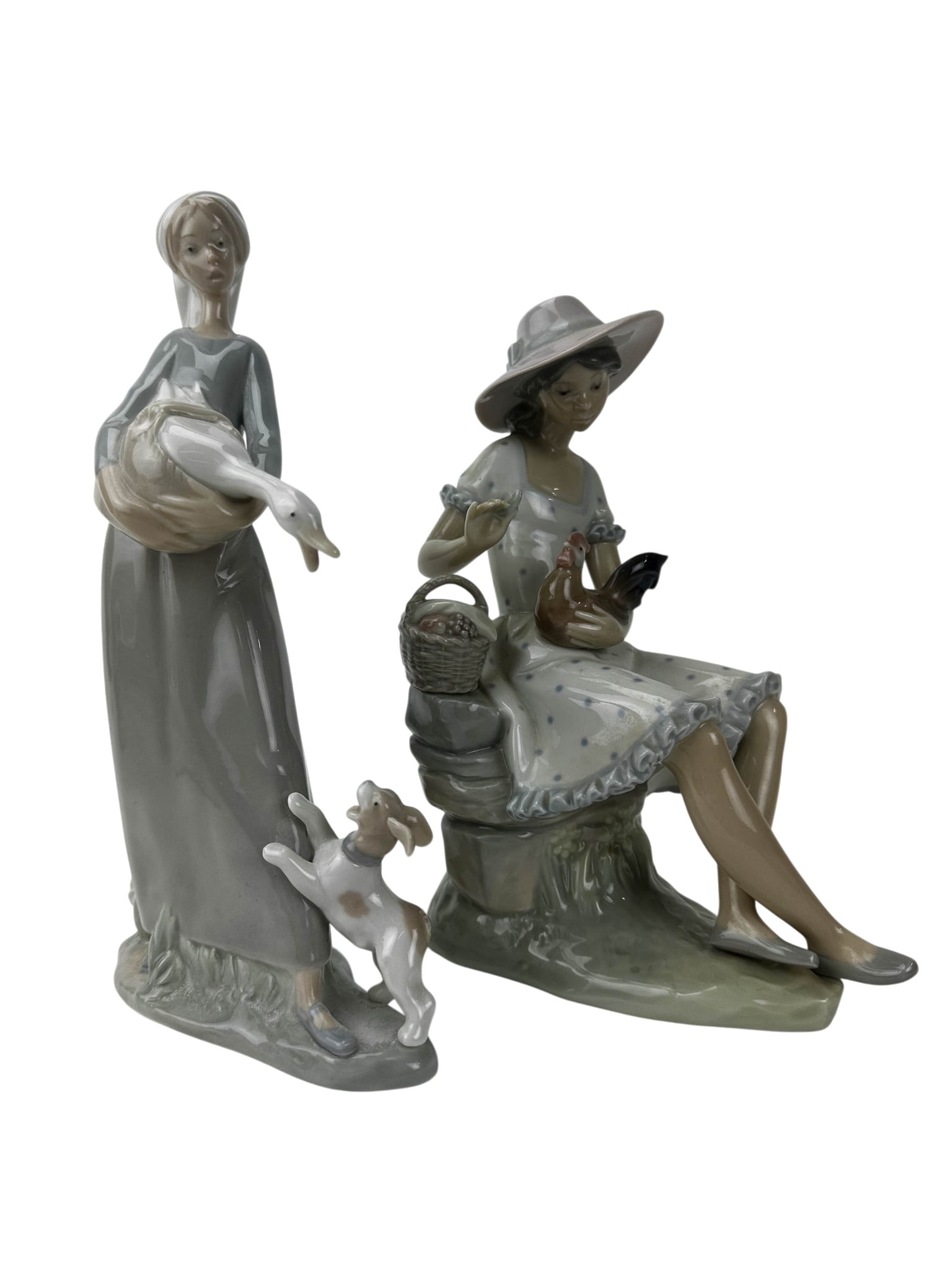Lladro Girl w/ Goose Dog and Lady w Rooster 2p LOT (1 of 3)