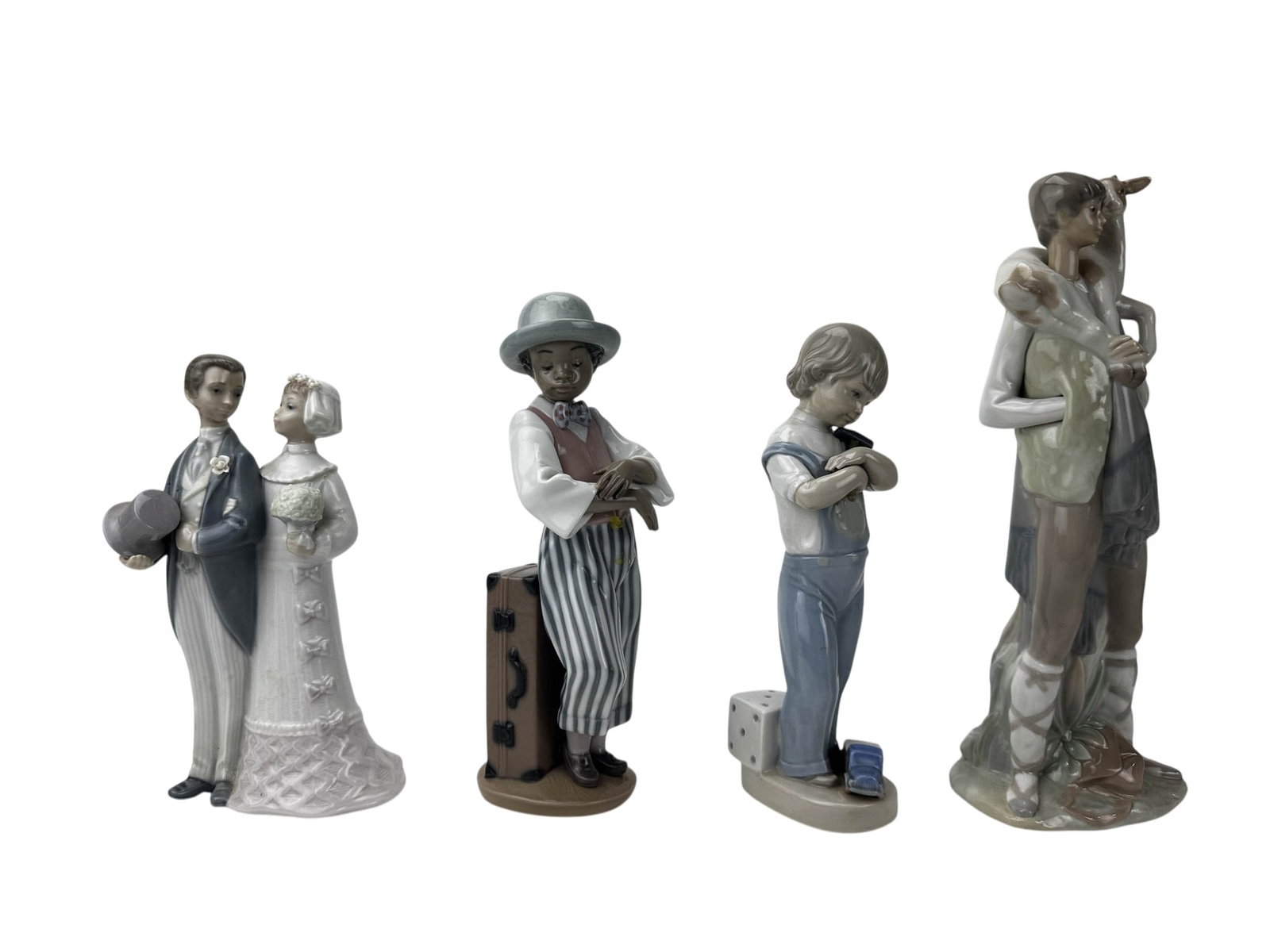 Lladro Jazz Horn Mechanic Wedding Shepherd w Goat: Estate lot a four Lladro Spain hand painted porcelain figurines. Includes Shepherd with Goat #4506 Sculptor Fulgencio Garcia (1969-1985). Jazz Horn #5832. Sculptor Rafael Lozano (1991-2017). Mechanic 