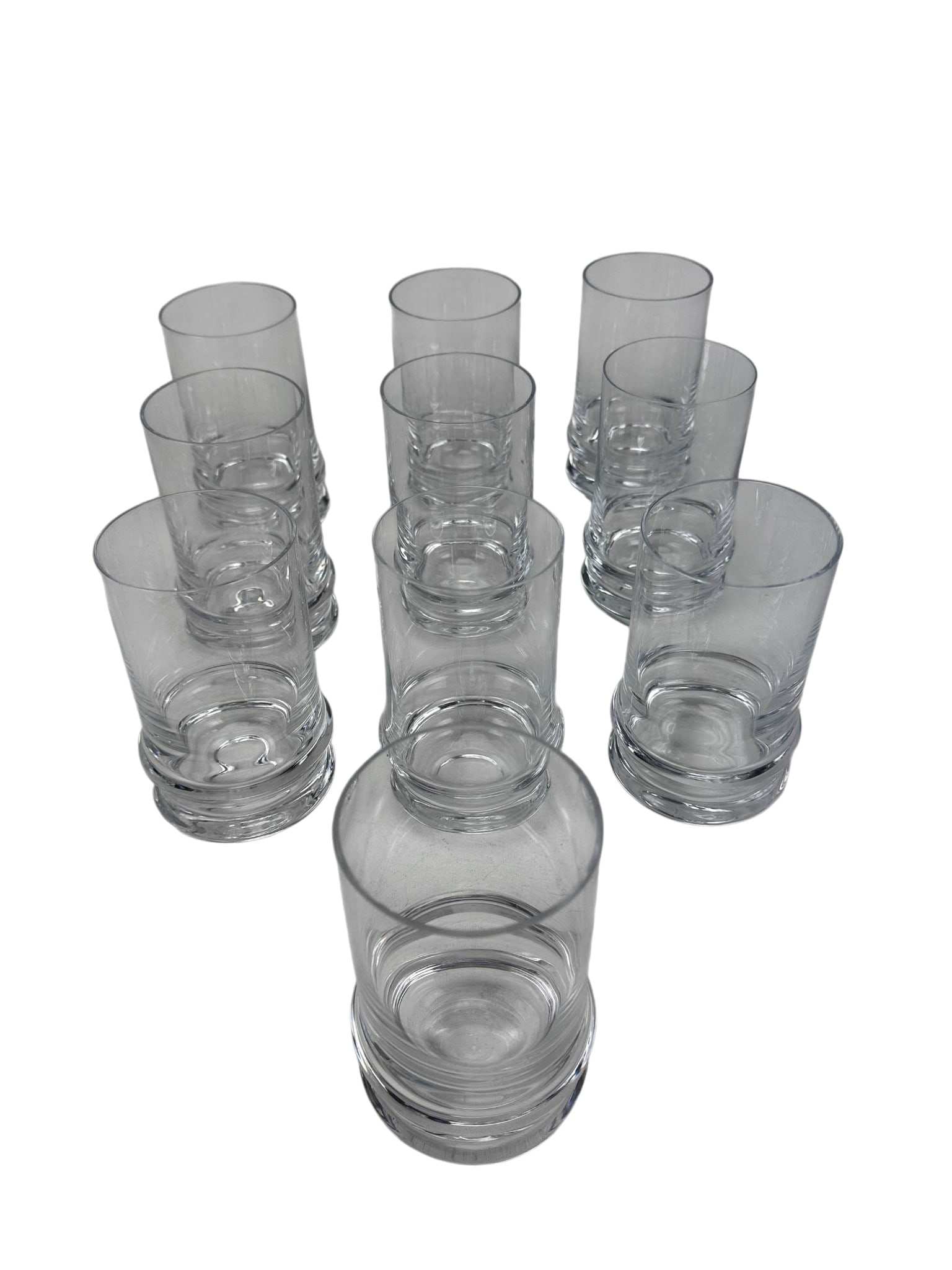 Rosenthal Crystal RC13 Highball Tumblers SET of 10: Rosenthal Germany set of ten clear crystal beverage tumblers modeled in the now retired / discontinued RC13 pattern. Each glass features a cylindrical form with a substantial rounded base and encircli