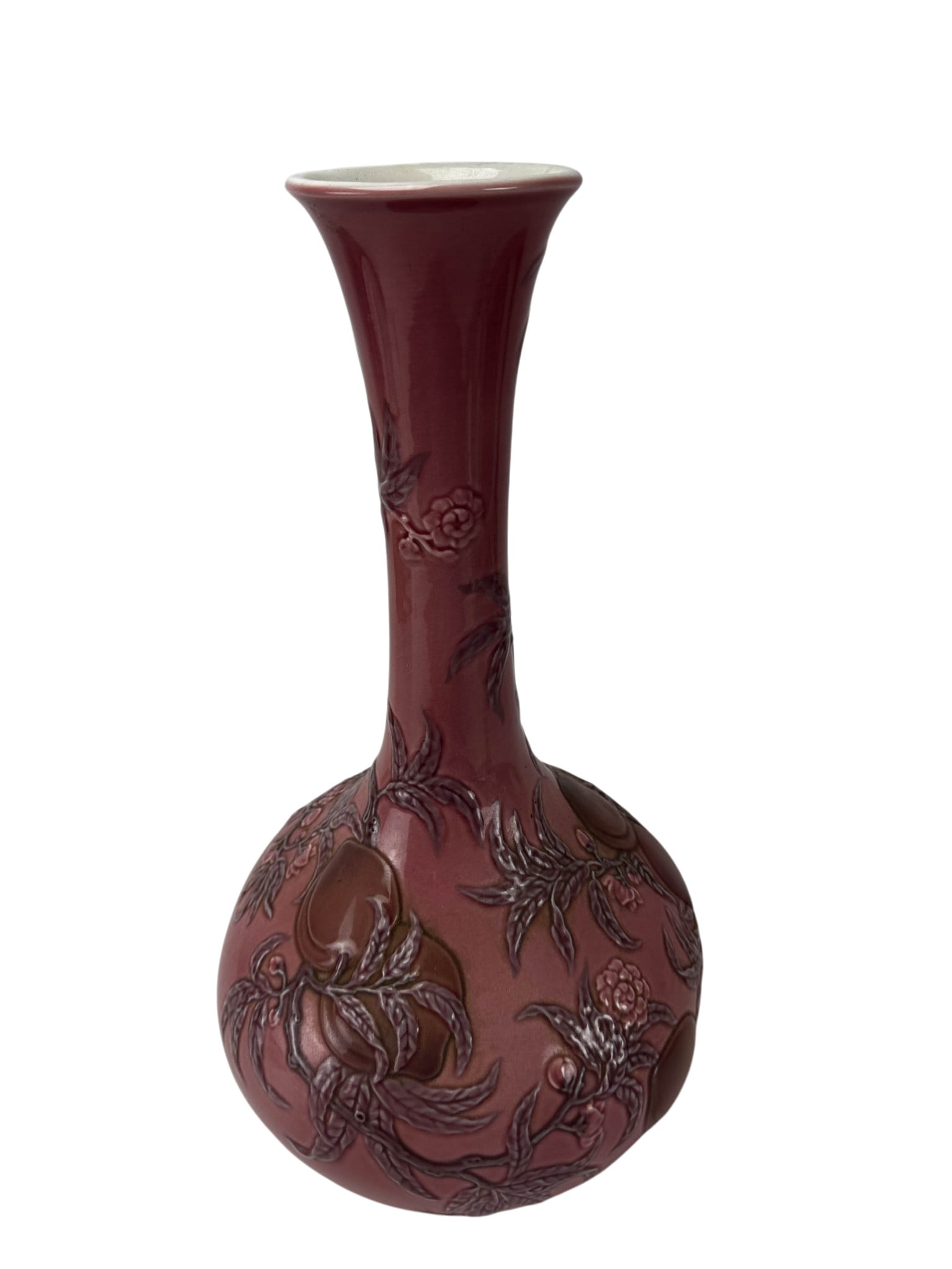 Lladro Spain Peach Blossom 4754 Porcelain 19" Vase: Lladro Peach Blossom model number 4754 floor vase. Designed by sculptor Julio Fernandez. 1971-1979. Features a pink glaze with molded relief decoration of peaches, blossoms, leaves, and branching vine