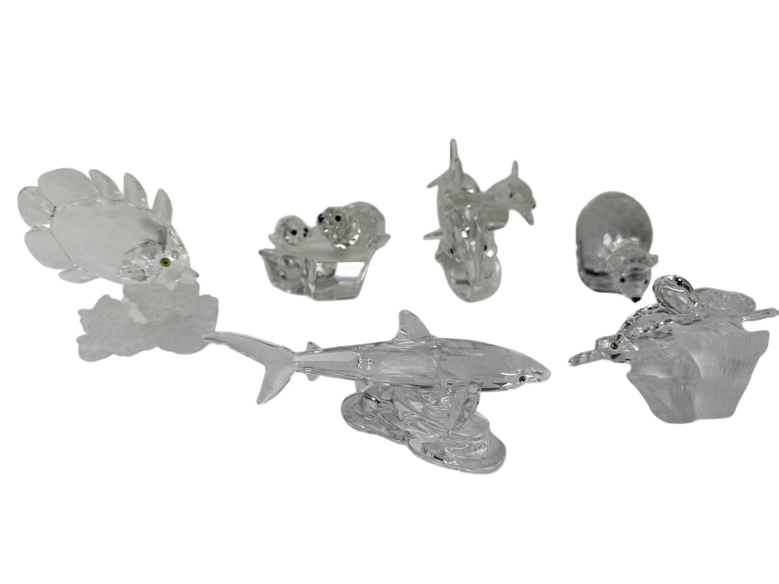 Swarovski Bear Seal Shark Dolphin Turtle 6pc LOT: Estate collection lot of six retired Austrian crystal art glass figurines. Includes Polar Bear . Designed by Adi Stocker (1986-1997). Sea Turtles Baby. Designed by Micheal Stamey (2006-2011). Shark Ba