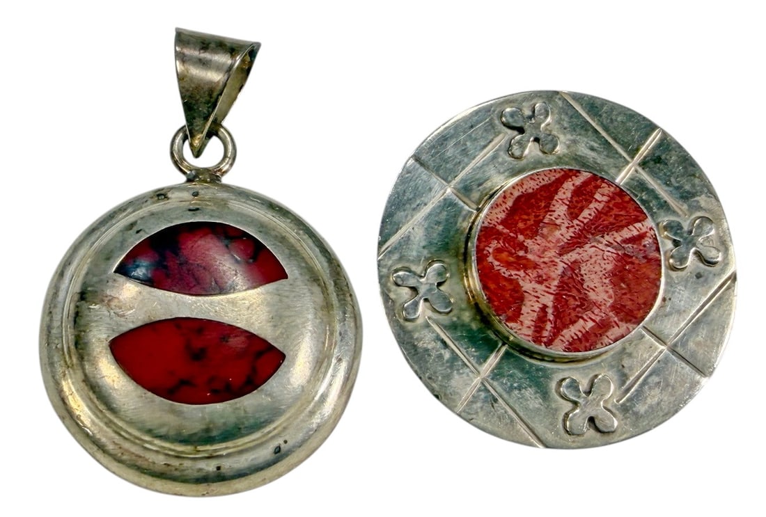 925 Sterling Silver Red Coral Pendants 2pc LOT (1 of 7)