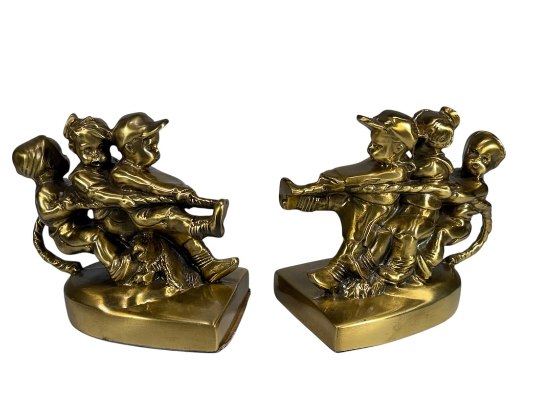 Gilt Metal Children Tug Of War Bookends 2pc LOT (1 of 5)
