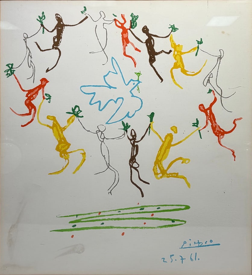After Pablo Picasso Youth Round Lithograph Artwork: After Pablo Picasso (Spanish, 1881-1973) "Youth Round" lithograph after the artist's 1961 composition. Features stylized dancing figures surrounding a blue dove in Picasso's characteristic modernist l