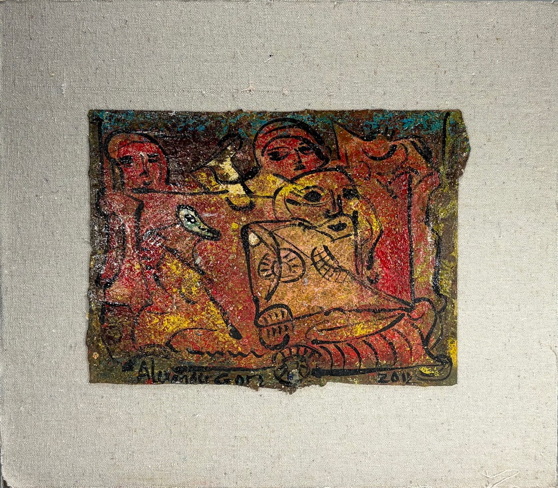 Alexander Gore Russian American Mixed Media 2012: Alexander Gore (Russian-American, b. 1958) mixed media on board, signed and dated 2012. Contemporary abstract composition depicting stylized figures with expressive black linework over layered red, ye