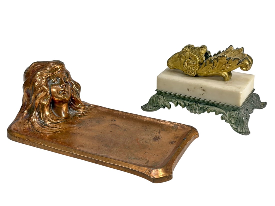 French Style Cornucopia Base & Card Tray 2pc LOT: Lot of two decorative desk accessories. Includes a French style gilt bronze cornucopia base featuring a ram's head motif with mercury-gilt finish, mounted on a white marble base with an ornate dark me