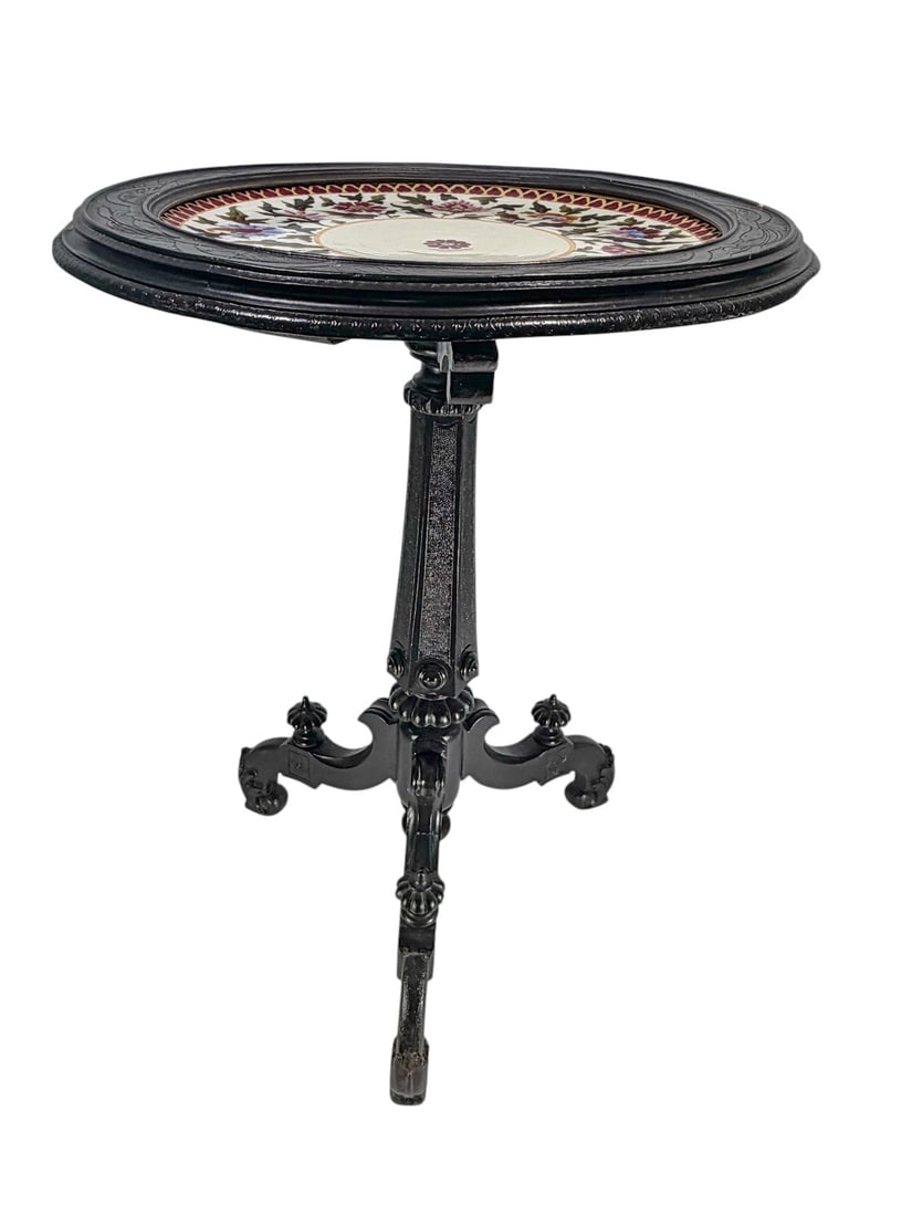Carved Wood Pedestal Table with Porcelain Plate (1 of 8)