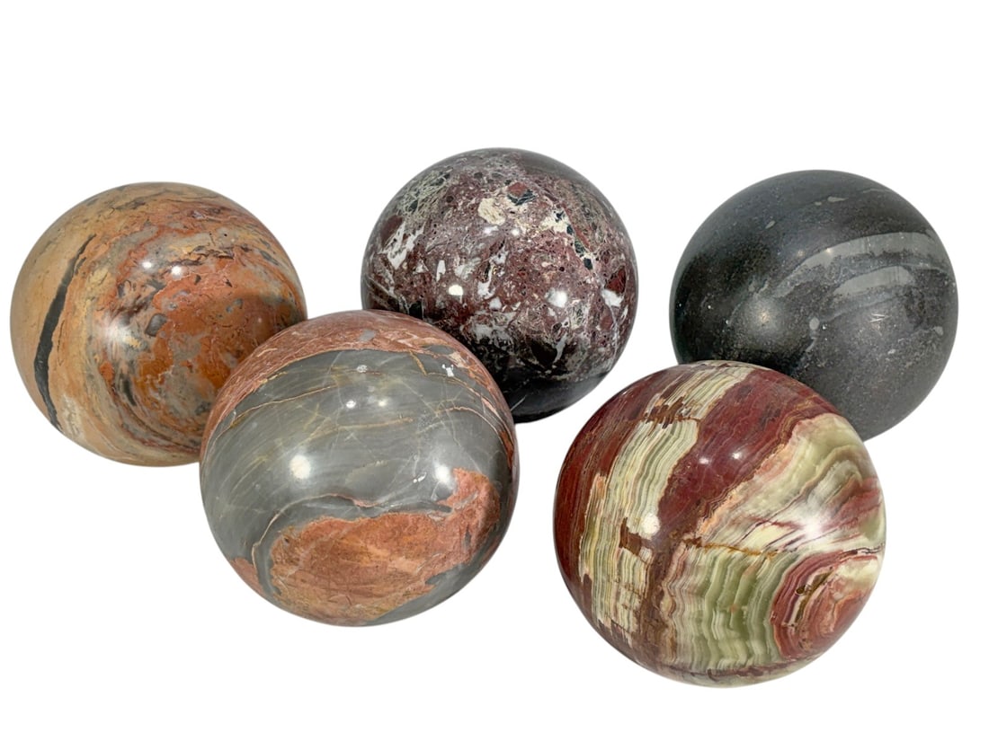 Italian Marble & Onyx Decorative Spheres 5pc LOT: Lot of five decorative stone spheres crafted from Italian marble, onyx, and other natural stone. Each sphere displays unique natural color and veining variations. Ideal for display, decorative bowls, 