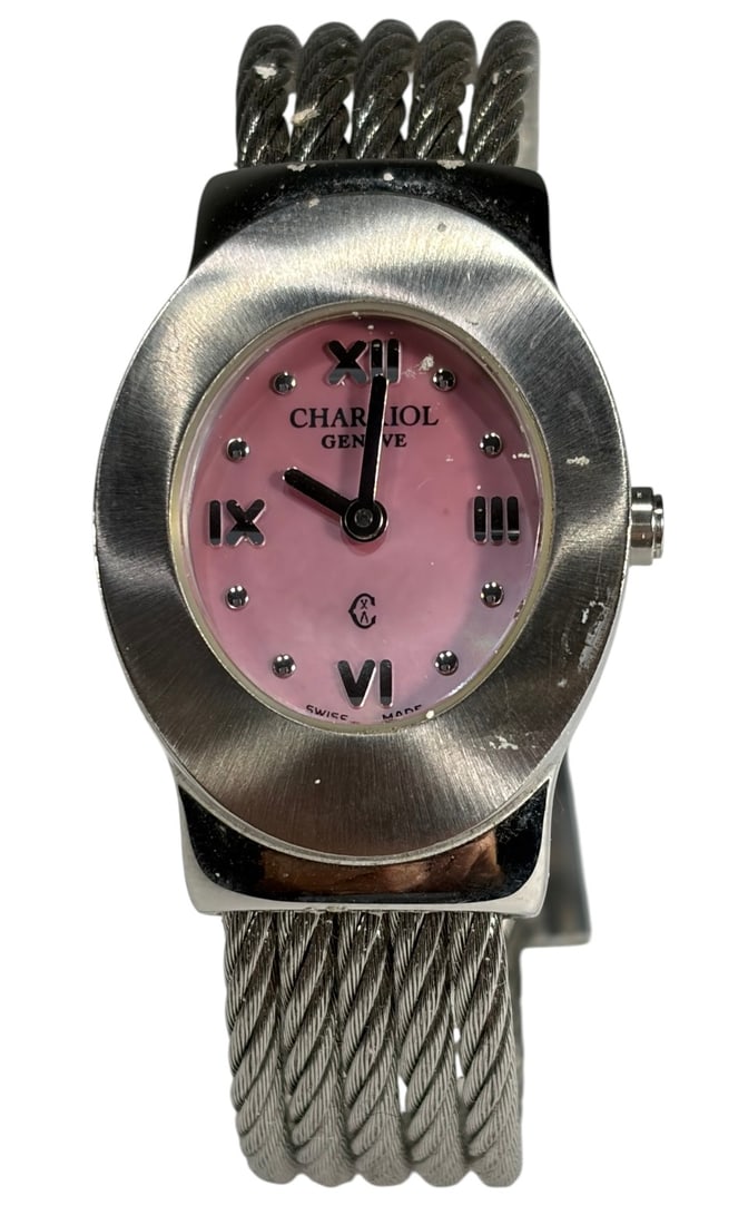 Charriol AZURO Pink Roman Oval Steel Cable Quartz: Swiss made Charriol AZURO women's quartz wristwatch featuring a pink oval dial with Roman numeral hour markers and stainless steel cable bracelet. The watch case measures approximately 24 mm. Box meas