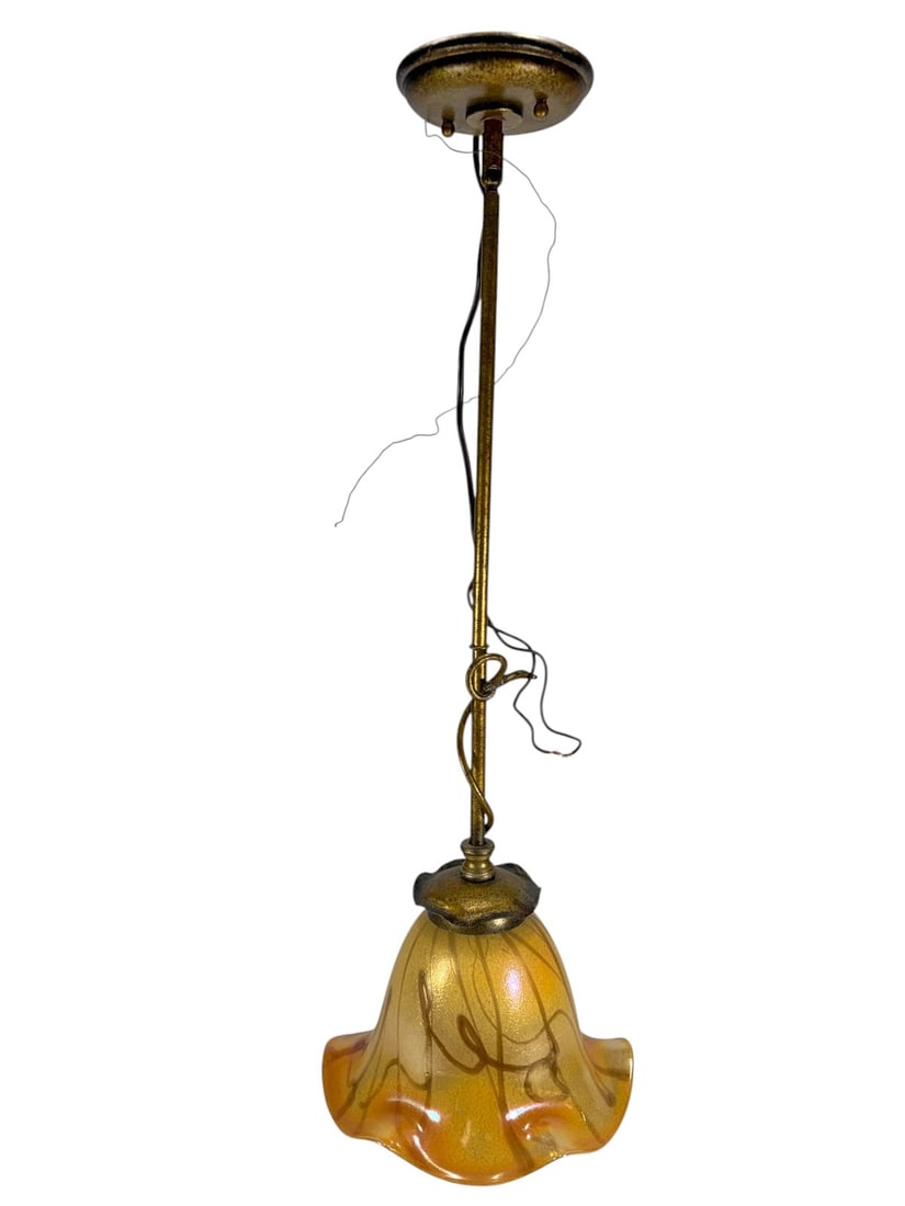Vintage Art Glass Pendant Ceiling Light Fixture: Vintage pendant ceiling light featuring a hand-blown art glass bell shade with a ruffled rim in iridescent amber and gold tones. The fixture has an antiqued metal finish with a suspended downrod and c