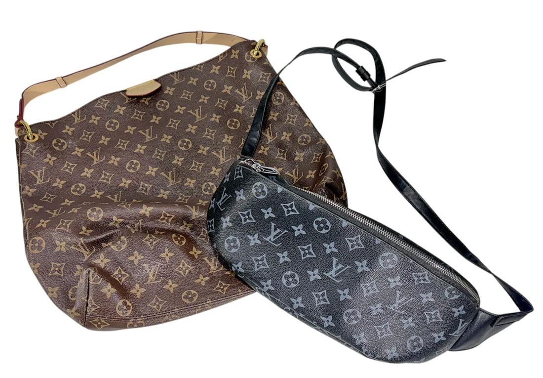 Designer Style Monogram Shoulder & Belt Bags 2pcs: Lot of 2 designer style handbags inspired by famous luxury brand designs. Includes one brown monogram shoulder bag and one black monogram belt bag/waist pack. Made in China from synthetic materials wi