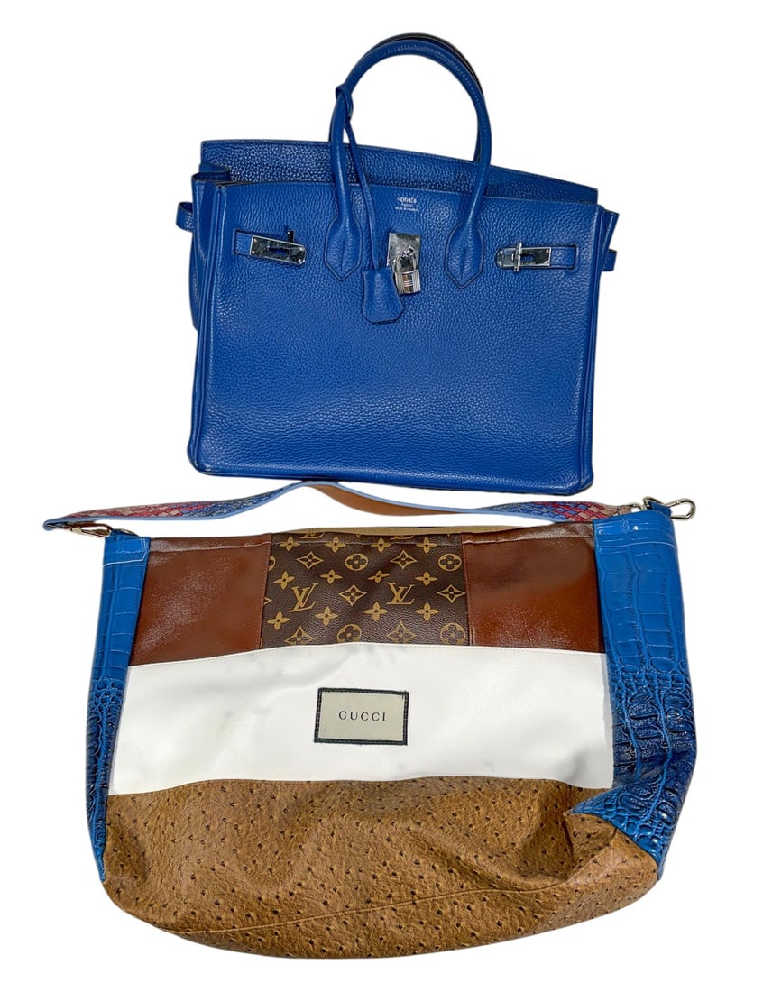Designer Style Structured Satchel & Tote Bags 2pcs: Lot of 2 designer style handbags inspired by famous luxury brand designs. Includes one blue structured handbag with lock and key and one large multicolor tote with printed graphics. Made in China from