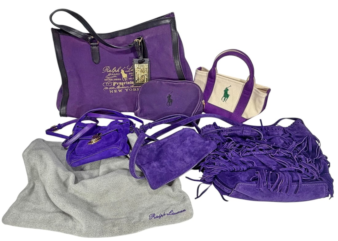 Ralph Lauren Purple Handbags & Accessories 5pc LOT: Lot of five Ralph Lauren accessories in coordinating purple tones. Includes a large canvas and leather tote, suede Ricky-style crossbody bag, suede fringe shoulder bag, small canvas mini tote, and a m