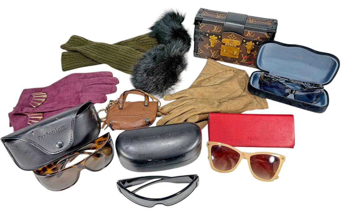 Assorted Designer Sunglasses & Accessories 10pcs: Lot of ten fashion accessories including four pairs of sunglasses by Valentino, Fendi, Polo Ralph Lauren, and Gucci (brands identified from the frames), accompanied by mismatched designer cases. Also