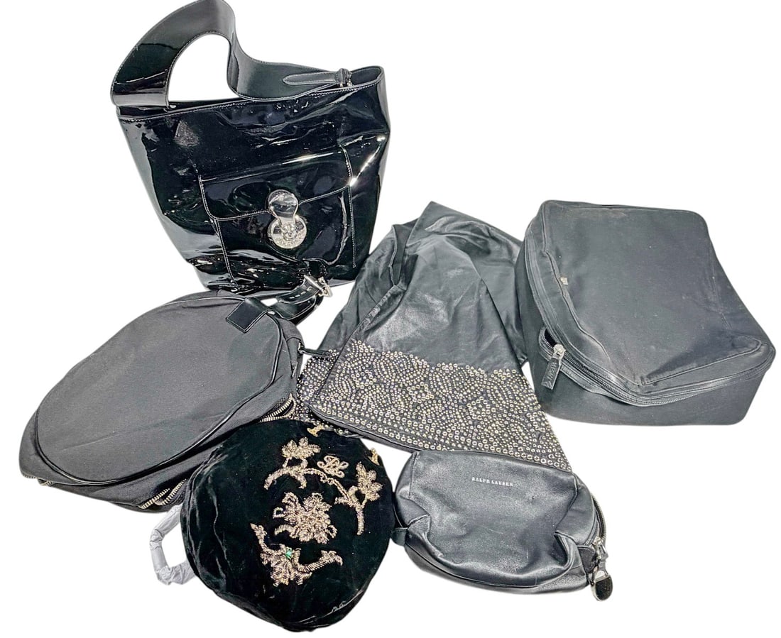 Designer Handbags & Fashion Accessories 6pc LOT: Lot of six designer accessories including a Ralph Lauren black patent handbag, a Ralph Lauren zip cosmetic pouch, a black beaded evening shawl or wrap, a black embroidered velvet drawstring pouch,