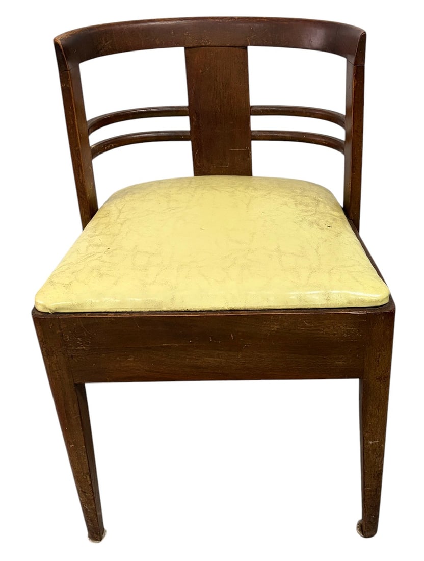 Scandinavian Modern Wooden Vanity Chair w/ Drawer: Scandinavian Modern style wooden vanity chair featuring a curved backrest, horizontal back splats, tapered legs, and a concealed side storage drawer beneath the seat. Upholstered in what appears to