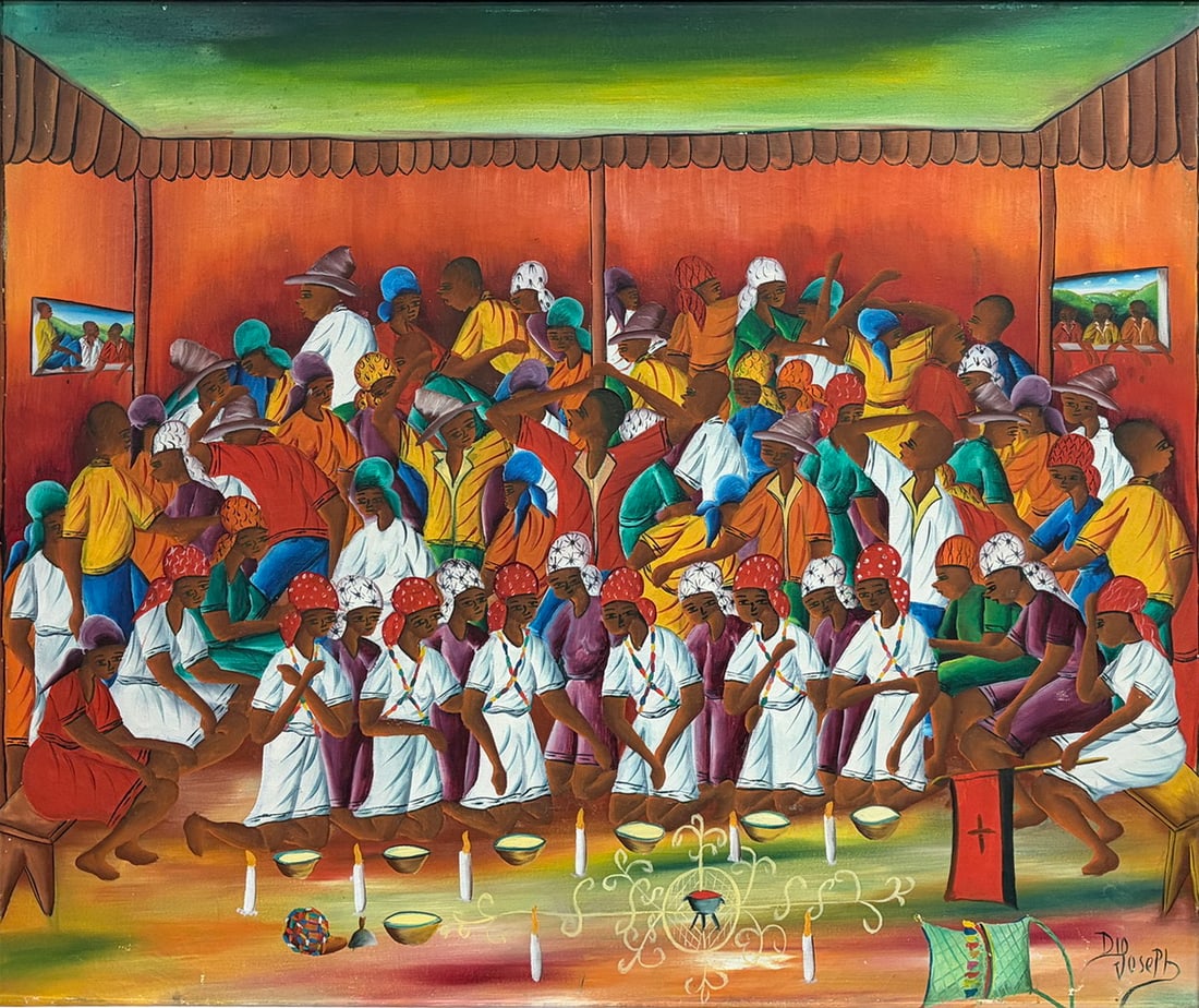 Signed Joseph Haitian Vodou Ceremony Framed Art: Oil painting on canvas depicting a Haitian Vodou ceremonial gathering with numerous figures in traditional attire surrounding ritual symbols, candles, bowls, and ceremonial objects. Signed "Joseph"