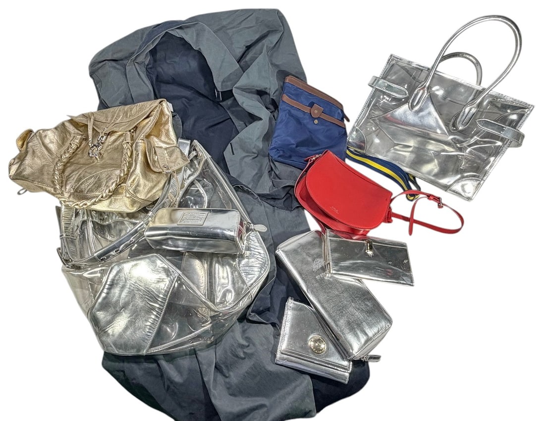 Mixed Designer Handbags, Coat & Accessories 10pcs: Ten-piece mixed designer accessory lot including an oversized unbranded trench coat, Ralph Lauren clear tote bag with matching pouch, Ralph Lauren metallic wallet or clutch, Liz Claiborne metallic wal