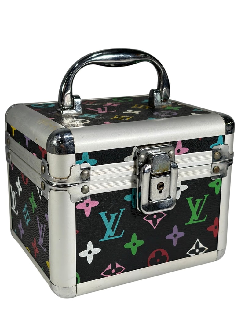 Designer Style Mini Train Case Storage Box Black: Mini train case inspired by designs from famous fashion designers, featuring a multicolor monogram-style pattern on a black faux leather exterior with silver-tone metal hardware and reinforced aluminu