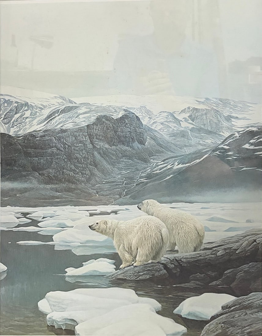 Robert Bateman Polar Bears Print Framed Artwork: Framed wildlife print titled "Polar Bears at Baffin Island" by Robert Bateman, dated 1975. Numbered 310/950 and bearing a signature in the lower right. Depicts two polar bears standing along an icy