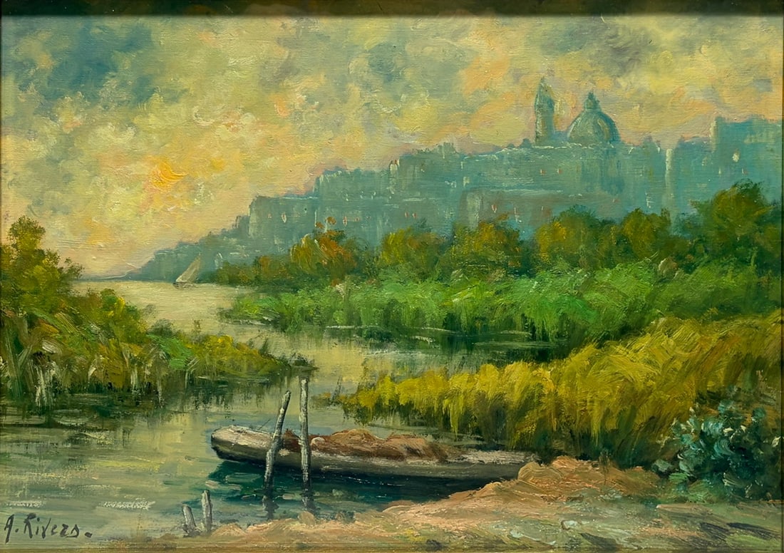 Artur Rivers Oil Board Veduta di Calabria Framed: Signed Artur Rivers oil on board titled Veduta di Calabria, depicting a tranquil Italian landscape with a small boat on calm waters and distant mountains beneath a luminous sky. Presented under glass 