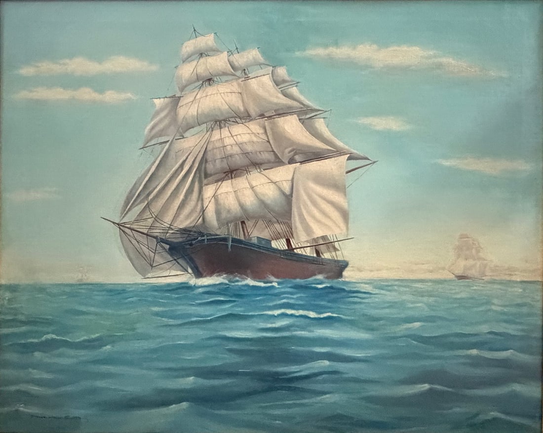 After Frank Vining Smith Marine Oil Canvas Framed: Oil on canvas after Frank Vining Smith depicting a full-rigged sailing ship under full sail navigating open waters beneath a blue sky with scattered clouds. Bearing a signature lower left. Presented i