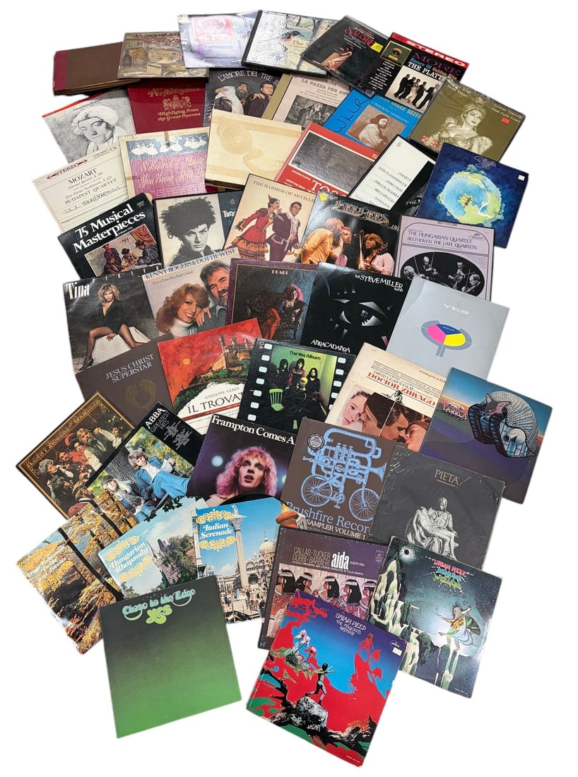 Classic Rock & Opera Vinyl Records 60 Pc LOT: Large mixed lot of approximately 60 vinyl LP records featuring classic rock, progressive rock, opera, classical music, Broadway, and vocal performances. Includes albums by or featuring artists and gro