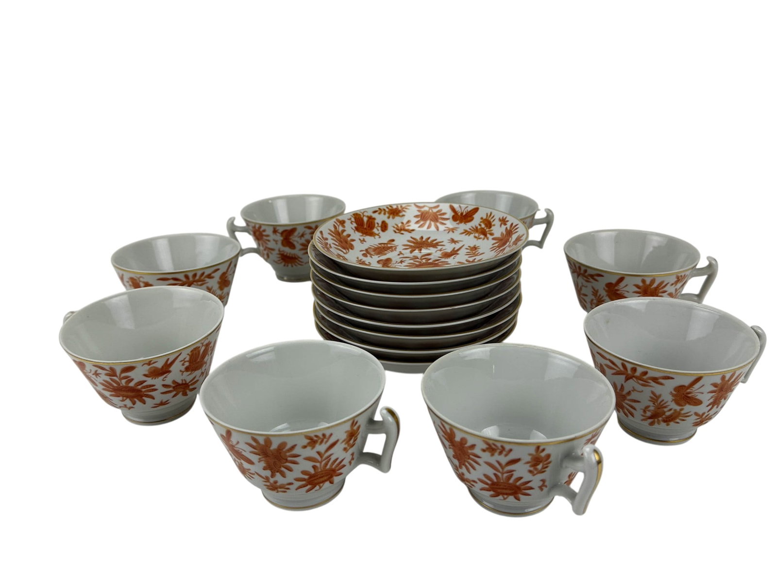Mottahedeh Sacred Bird & Butterfly Cup Saucer LOT: Set of eight Mottahedeh Sacred Bird and Butterfly porcelain teacups and eight matching saucers, produced by Vista Alegre, Portugal, in 2004. Combined total of sixteen items. Historic Charleston Reprod