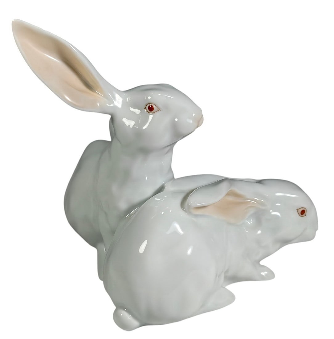 Herend Porcelain Rabbit Pair Figurine Hungary Whit (1 of 6)