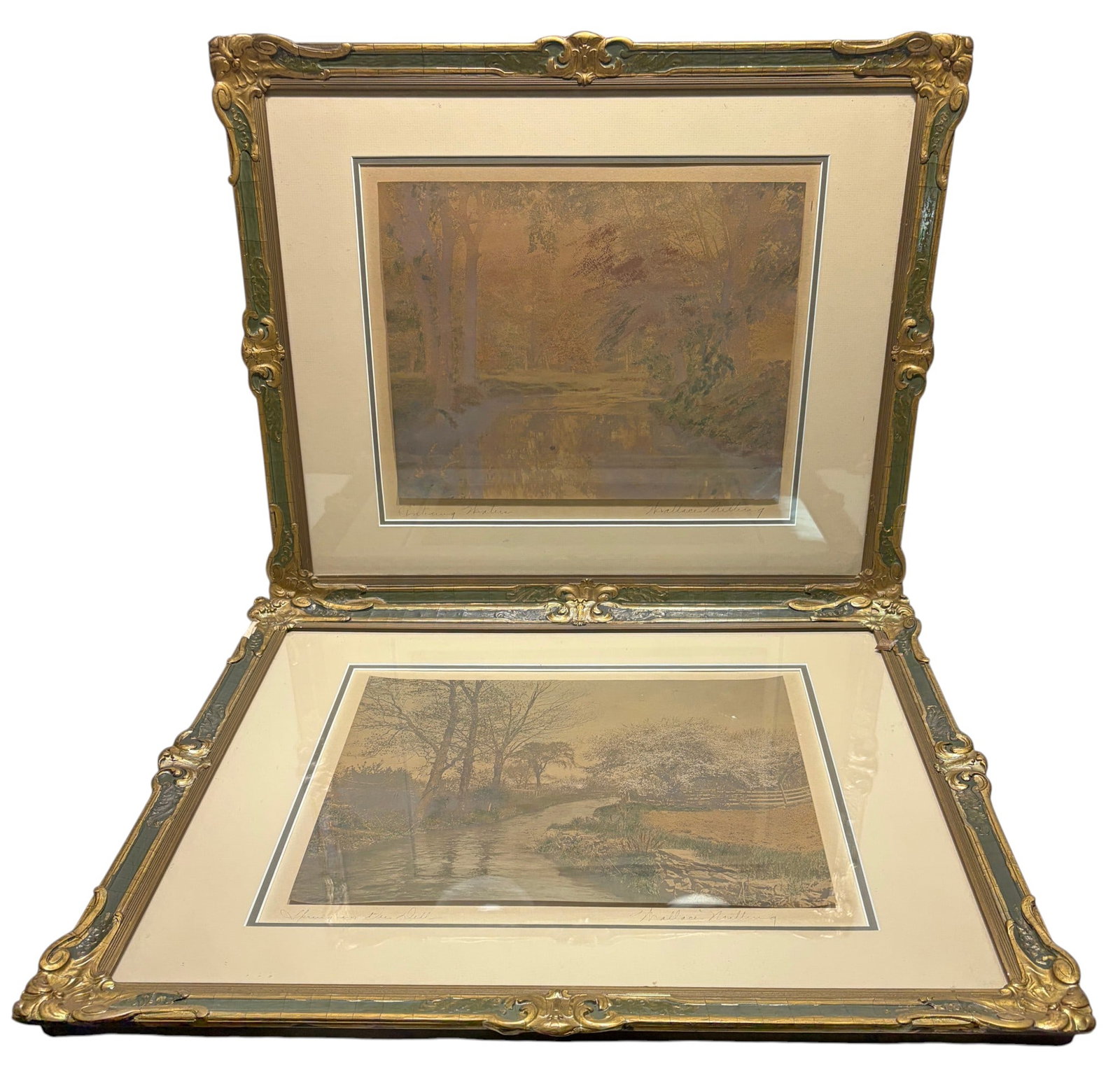 Signed Landscape Prints Framed Artwork 2pc LOT: Lot of two framed landscape prints depicting peaceful woodland and river scenes. Both works are pencil signed along the lower margins. Housed in matching decorative frames with matting and glass. A
